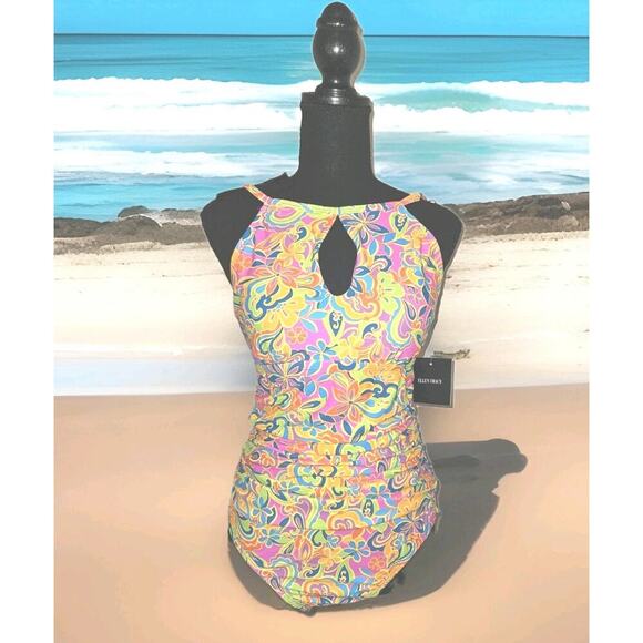 NWT! Ellen Tracy Keyhole High Neck 1 Piece Swimsuit Multicolor Sz 12*read